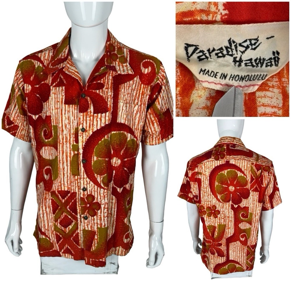 Paradise Hawaii Mens Large Shirt Orange Red Made in Honolulu Vintage Floral
